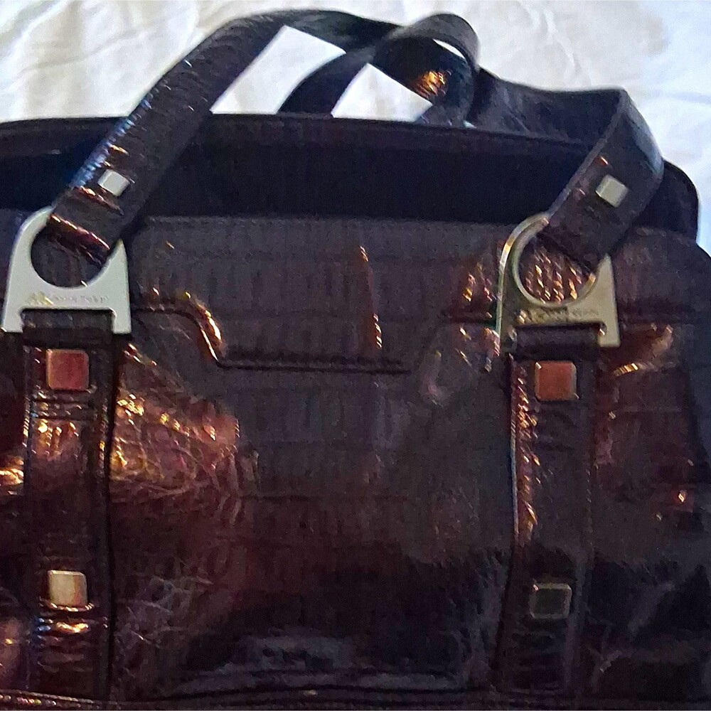 AK Anne Klein Brown Crocodile Patent Satchel Top Handle Zip, Silver Hardware